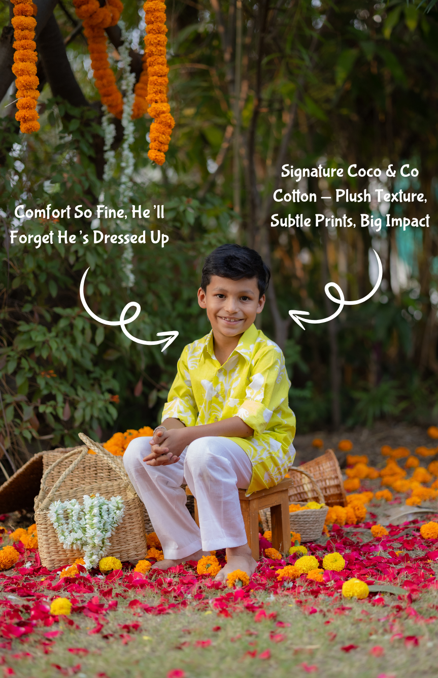Yellow Block Printed Boys Kurta Shirt