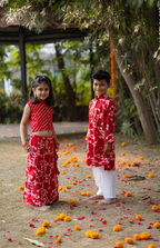 Red Printed Boys Kurta with White Pajama