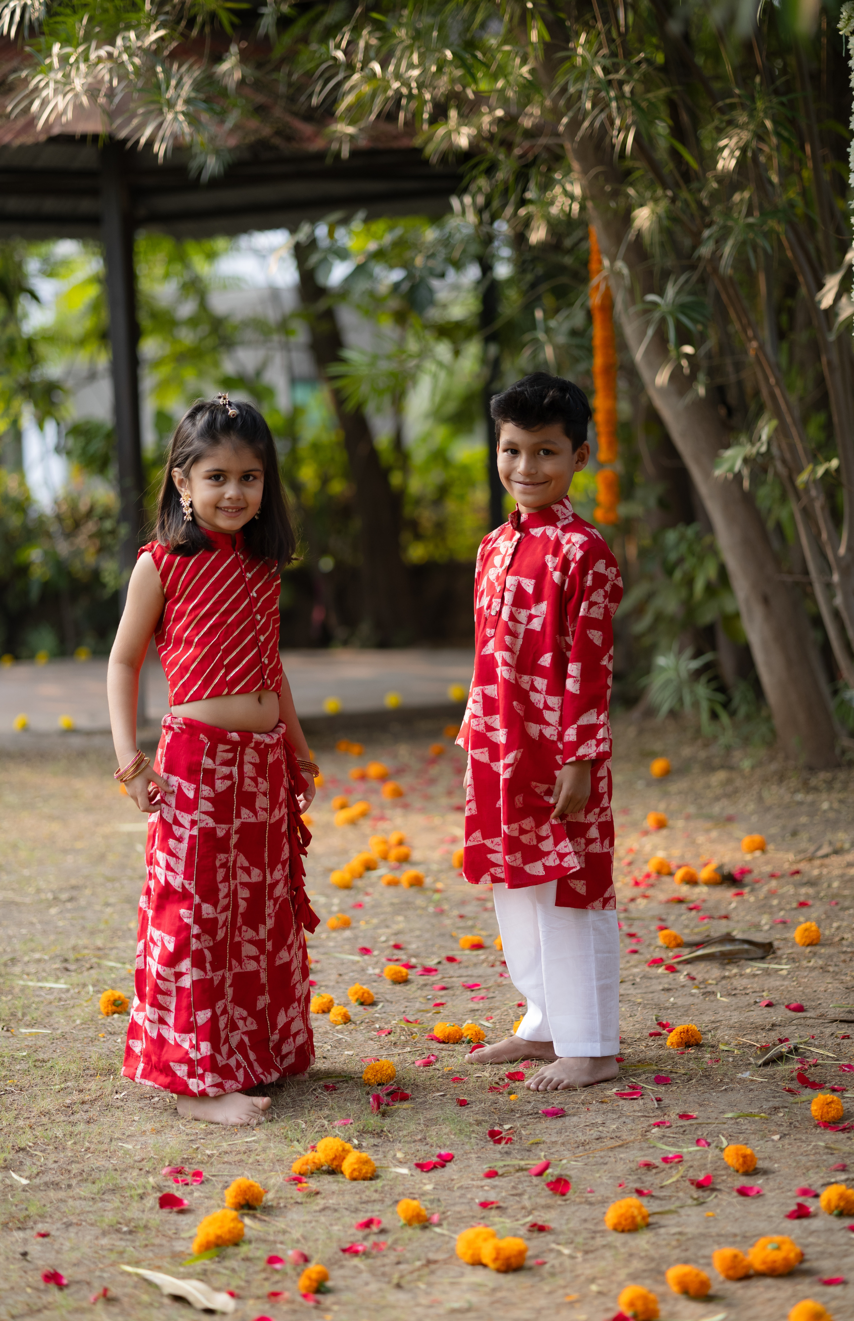 Red Printed Boys Kurta with White Pajama