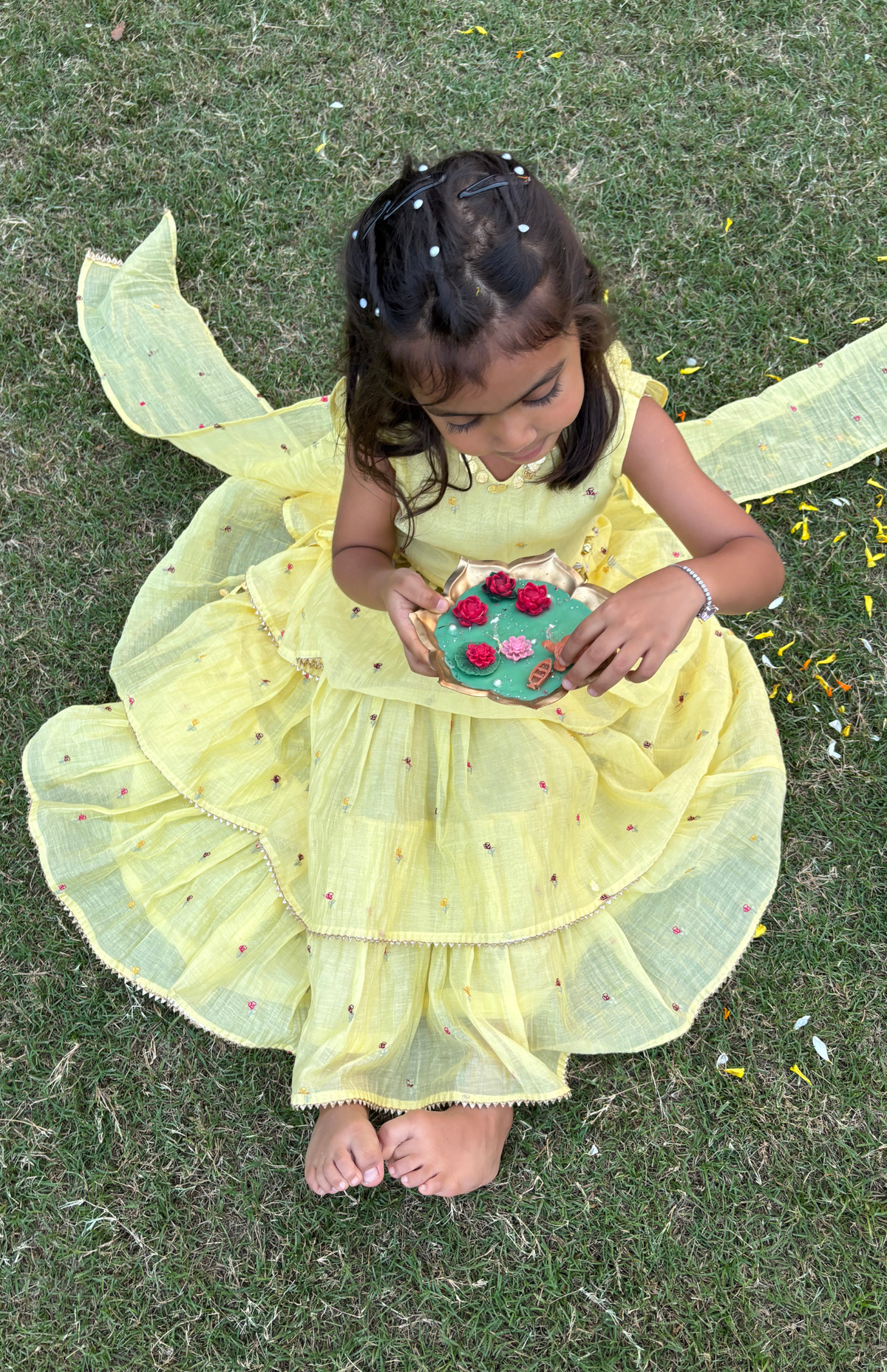 Sunshine Twirl Showstopper Yellow Embroidered Mul Chanderi Lehenga Set with Attached Dupatta