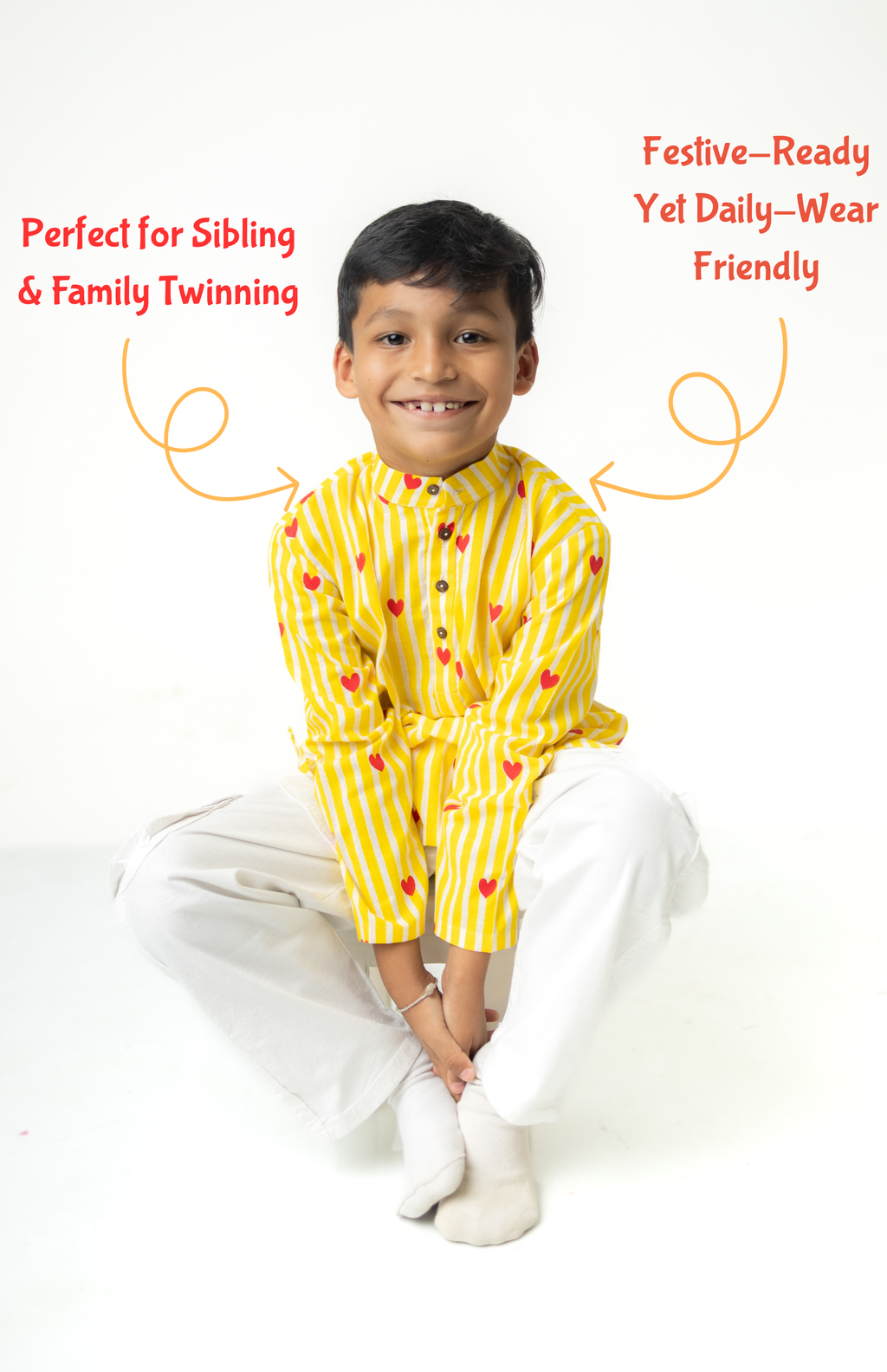 Yellow Striped Heart-Print Kids Kurta