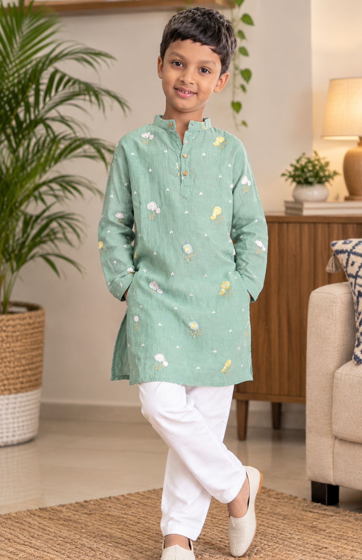 Mint Meadow Floral Mul Chanderi Kurta for Boys