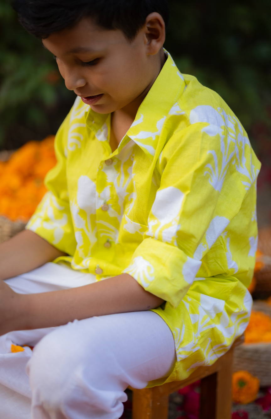 Yellow Block Printed Boys Kurta Shirt