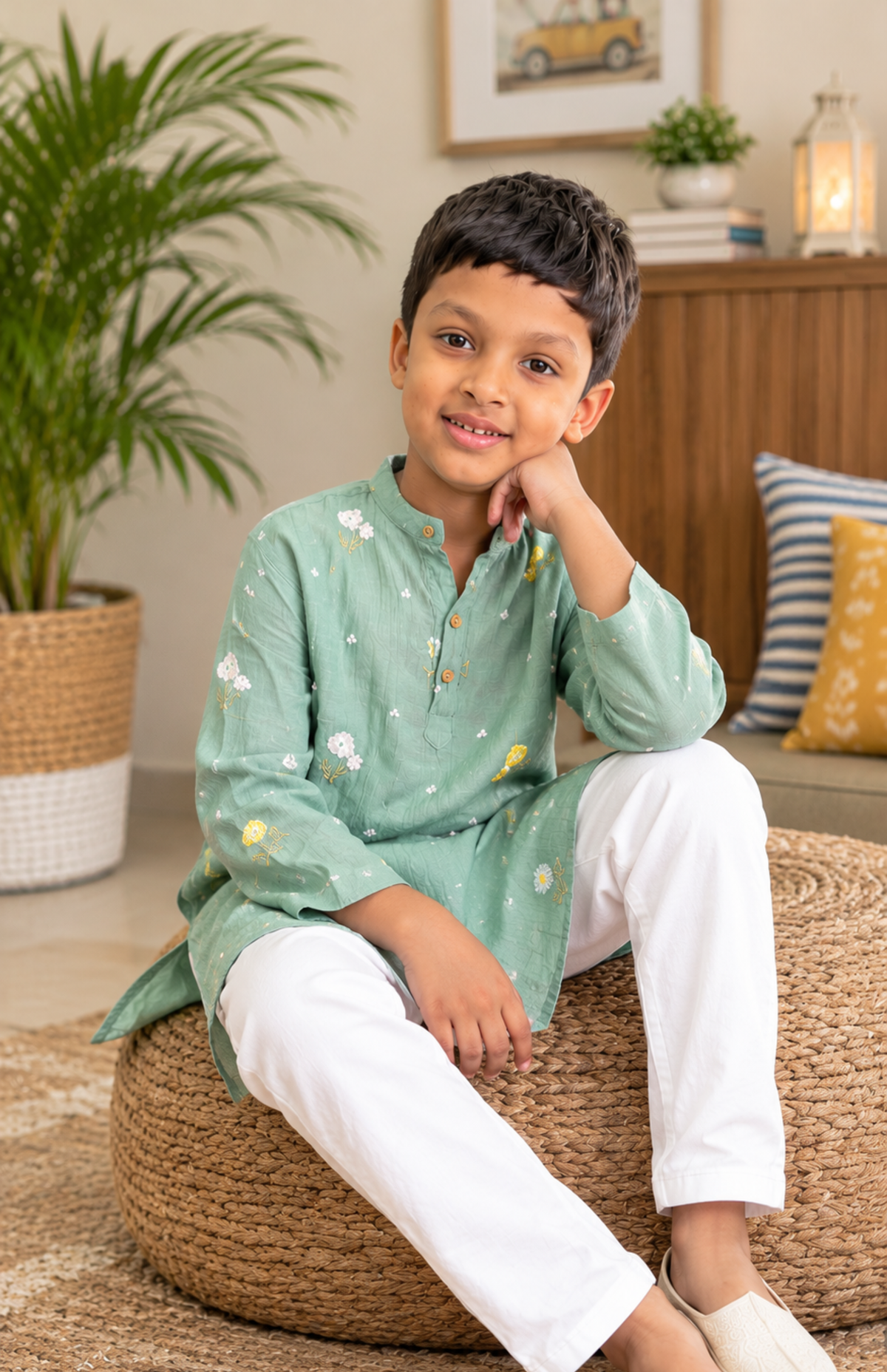 Mint Meadow Floral Mul Chanderi Kurta for Boys
