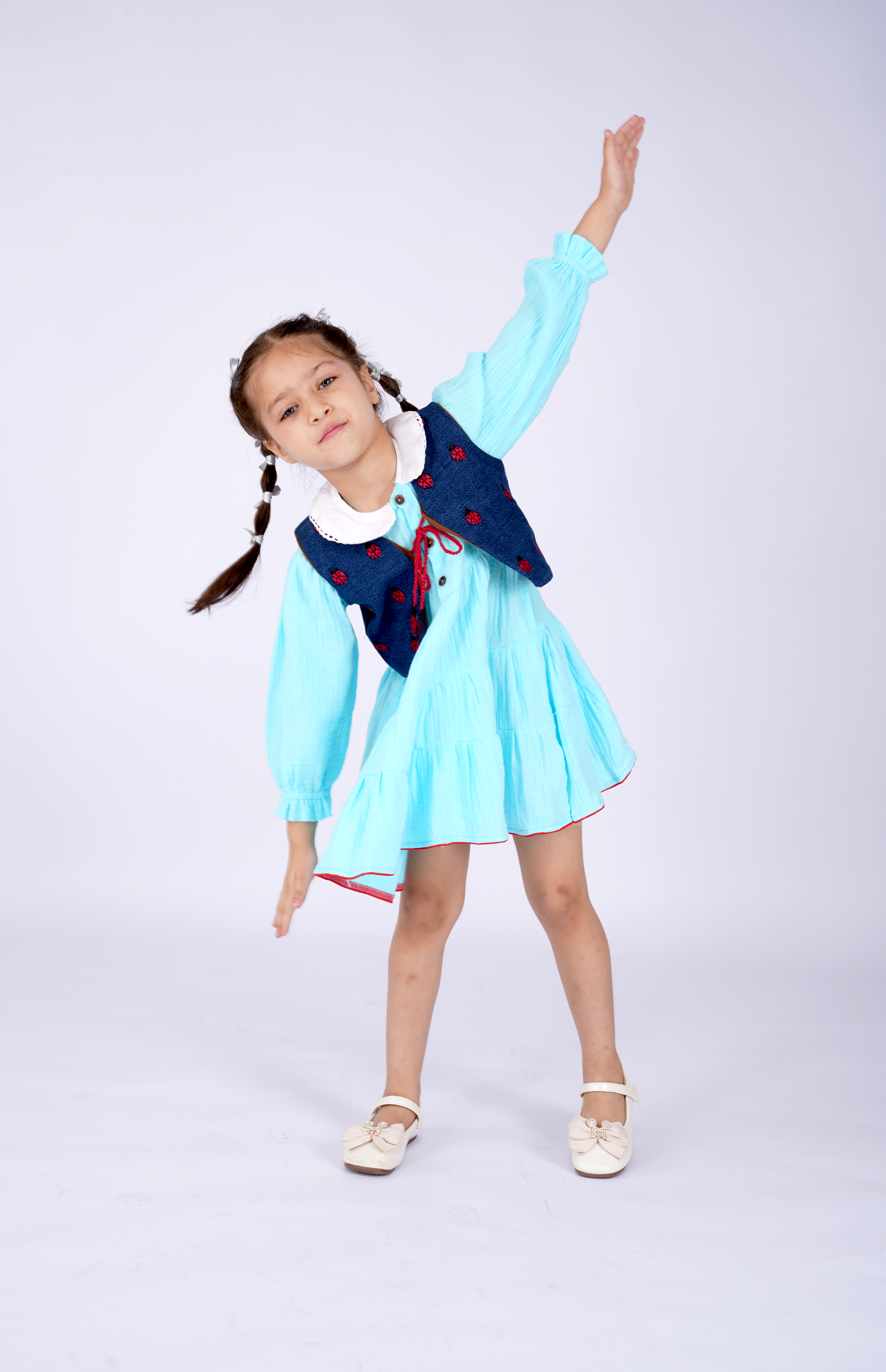 Aqua Tiered Dress with Ladybug Waistcoat