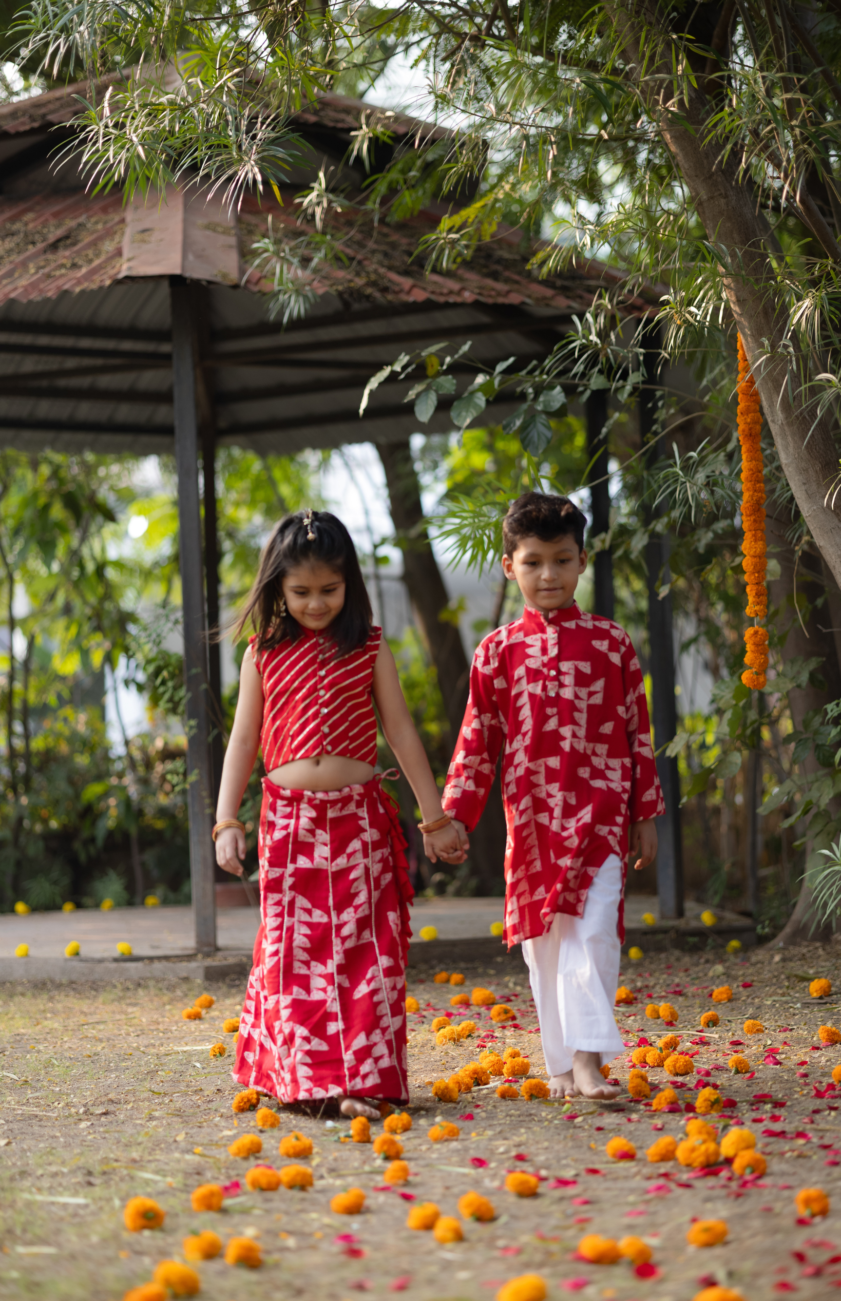 Red Heart-Back crop top & Printed Skirt Set