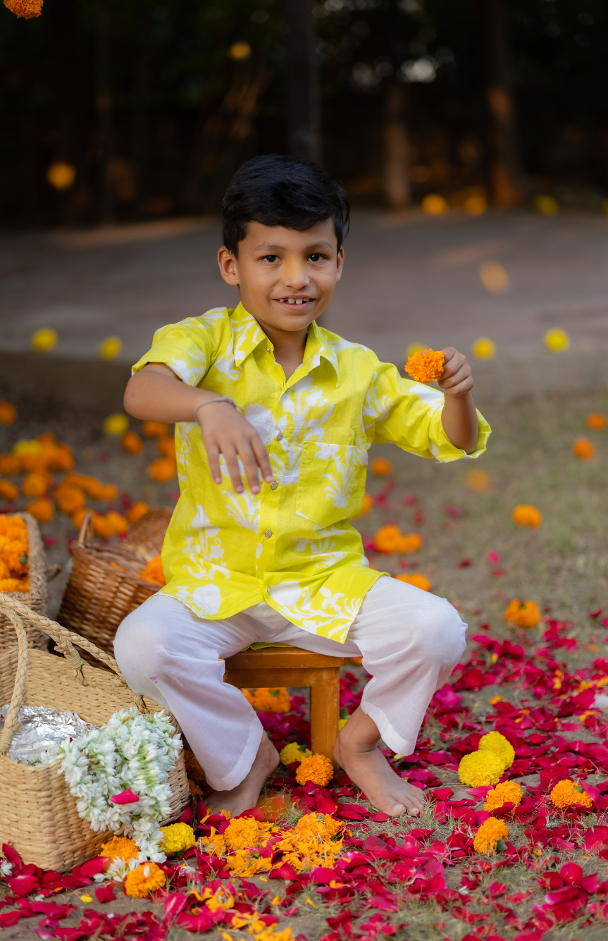Yellow Block Printed Boys Kurta Shirt