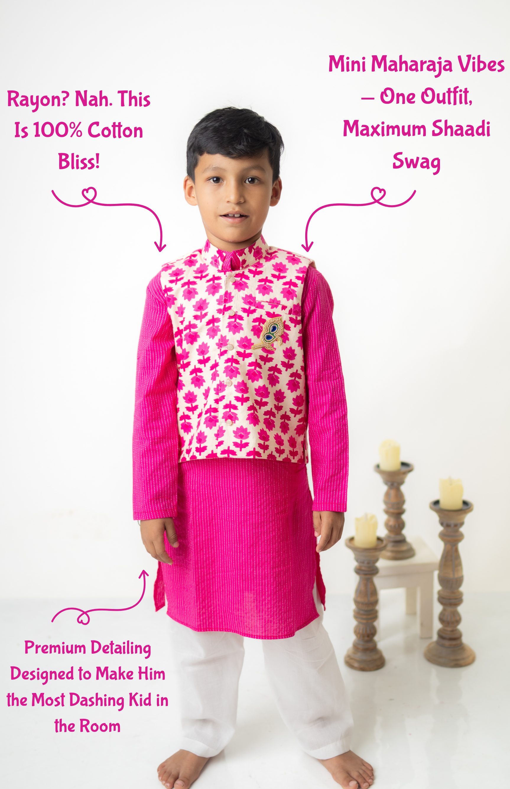 Pink Kurta & Printed Jacket Set for Boys