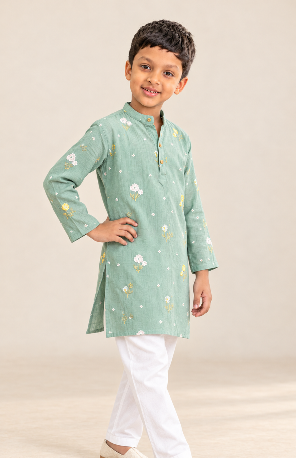Mint Meadow Floral Mul Chanderi Kurta for Boys