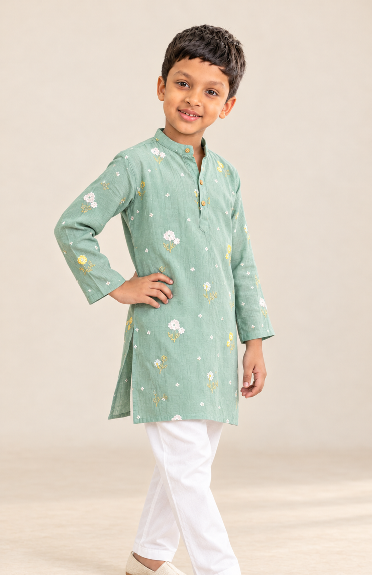 Mint Meadow Floral Mul Chanderi Kurta for Boys