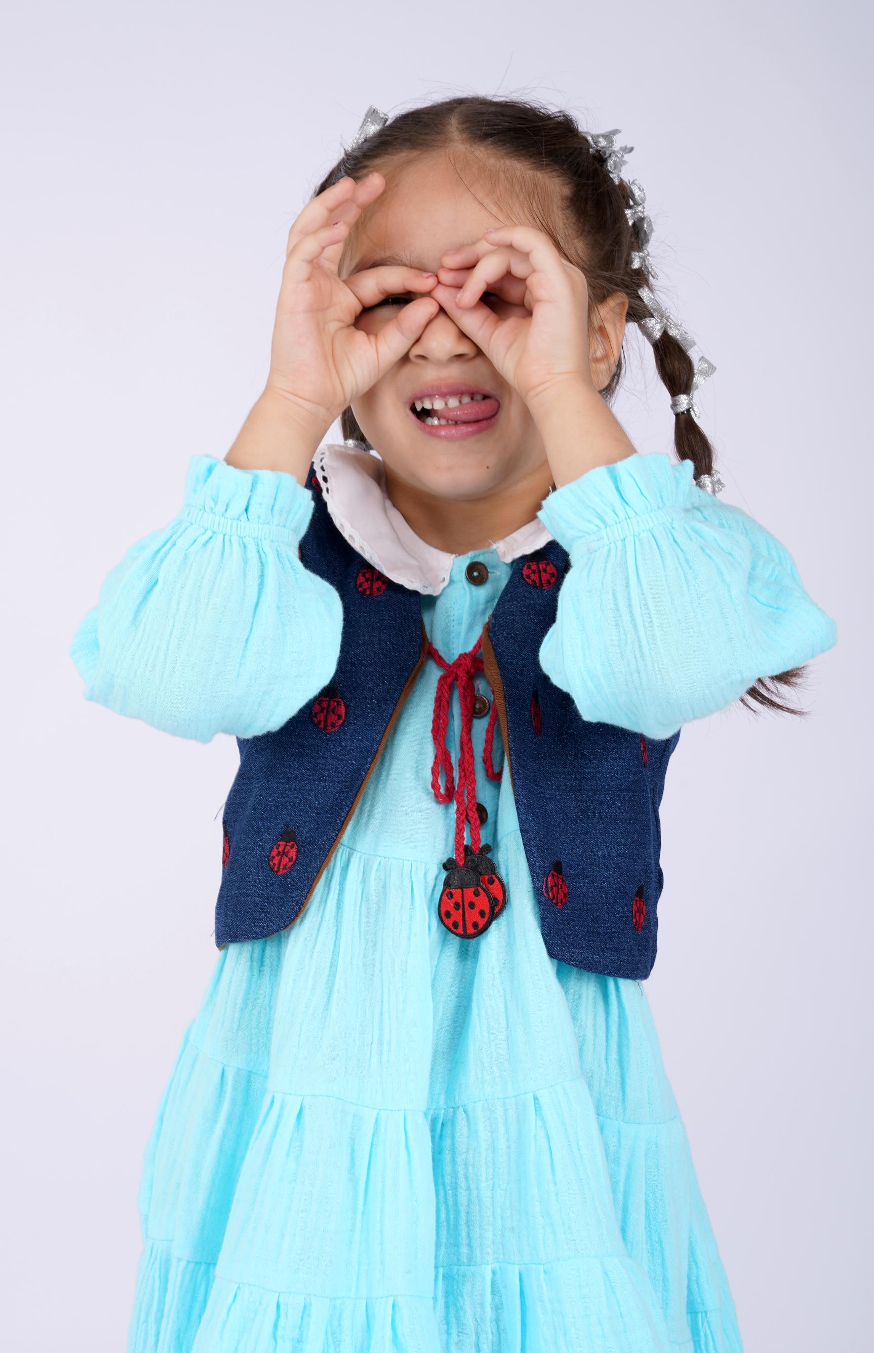 Aqua Tiered Dress with Ladybug Waistcoat