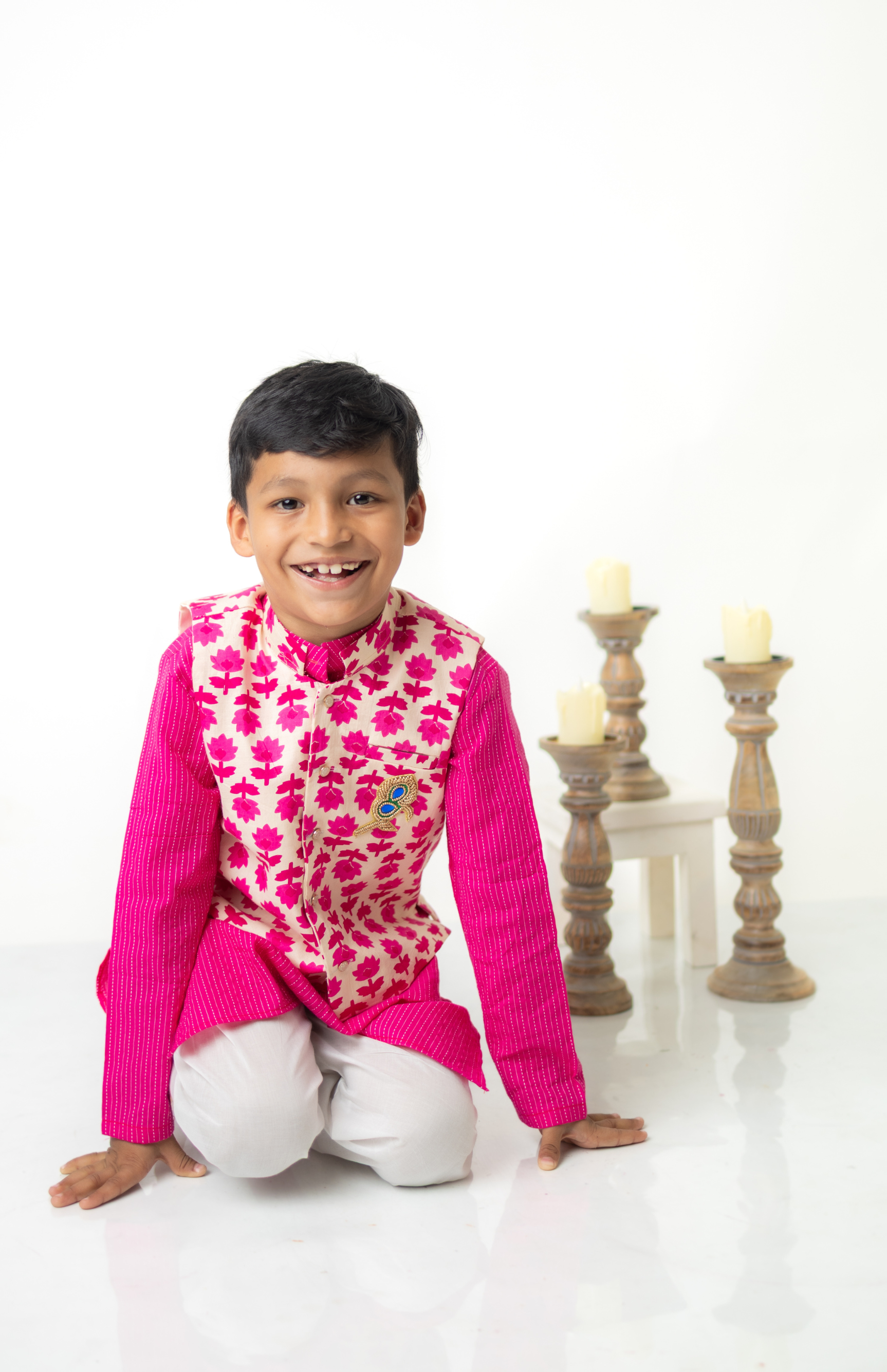 Pink Kurta & Printed Jacket Set for Boys