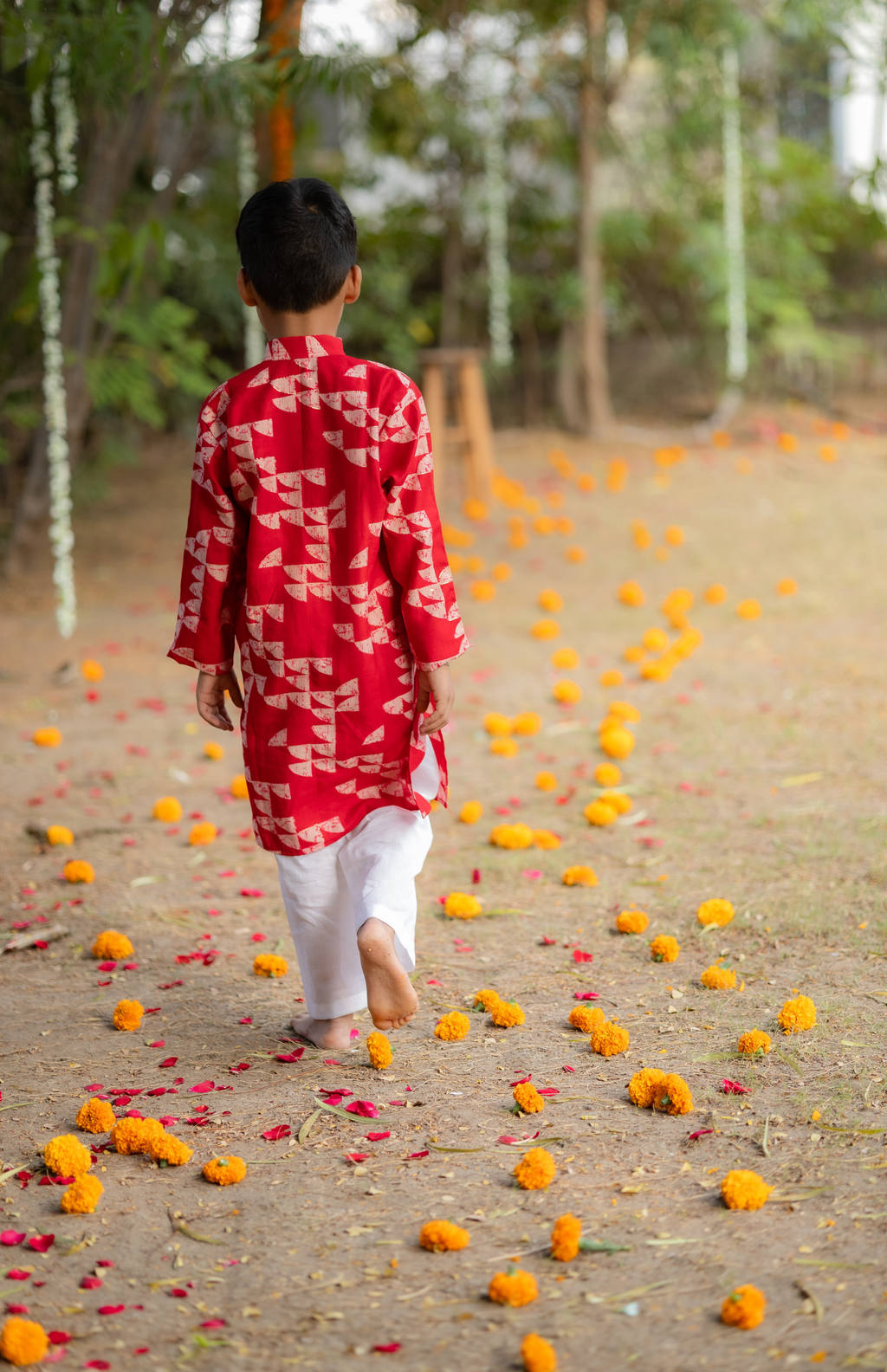 Red Printed Boys Kurta with White Pajama