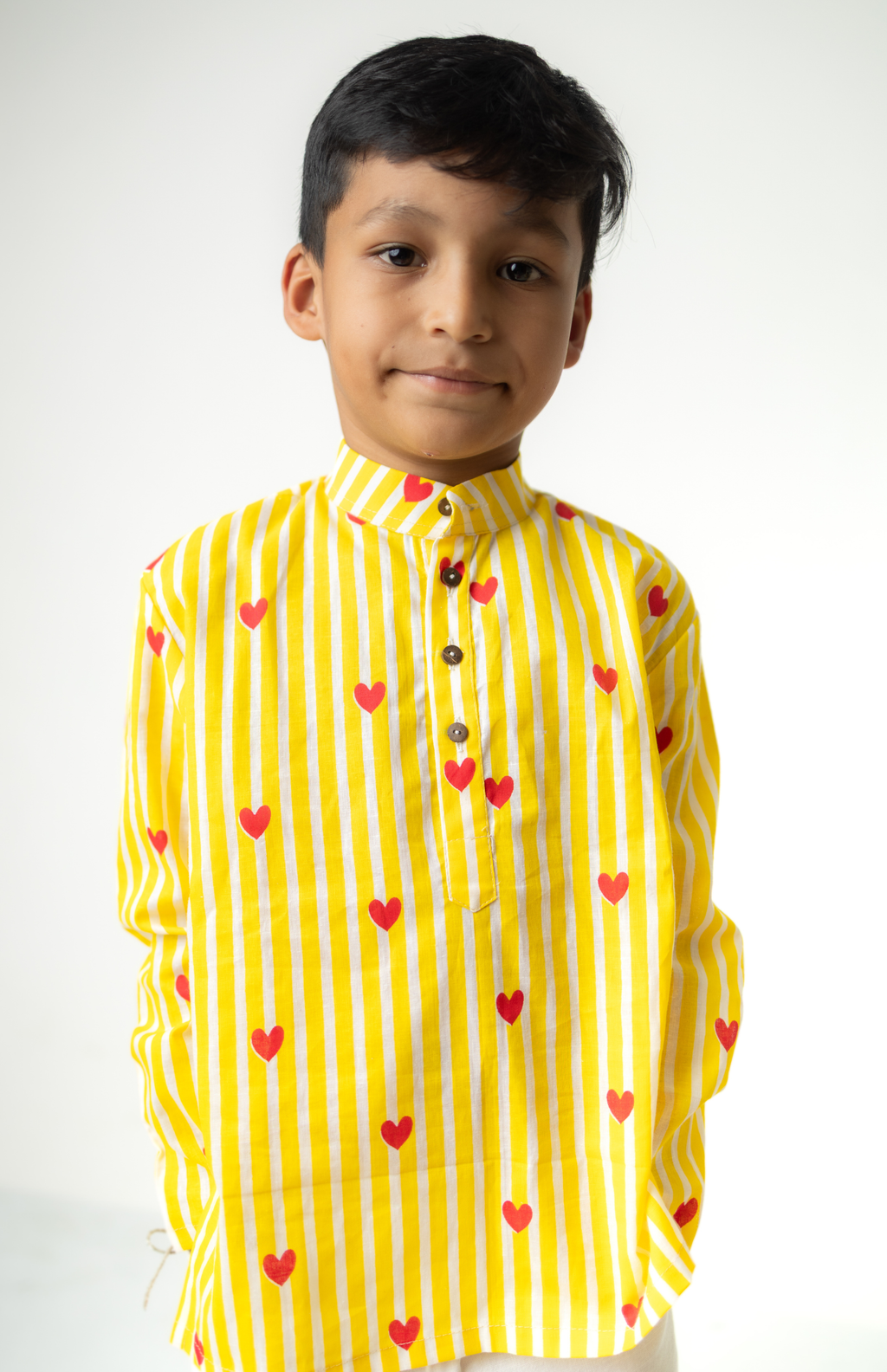 Yellow Striped Heart-Print Kids Kurta