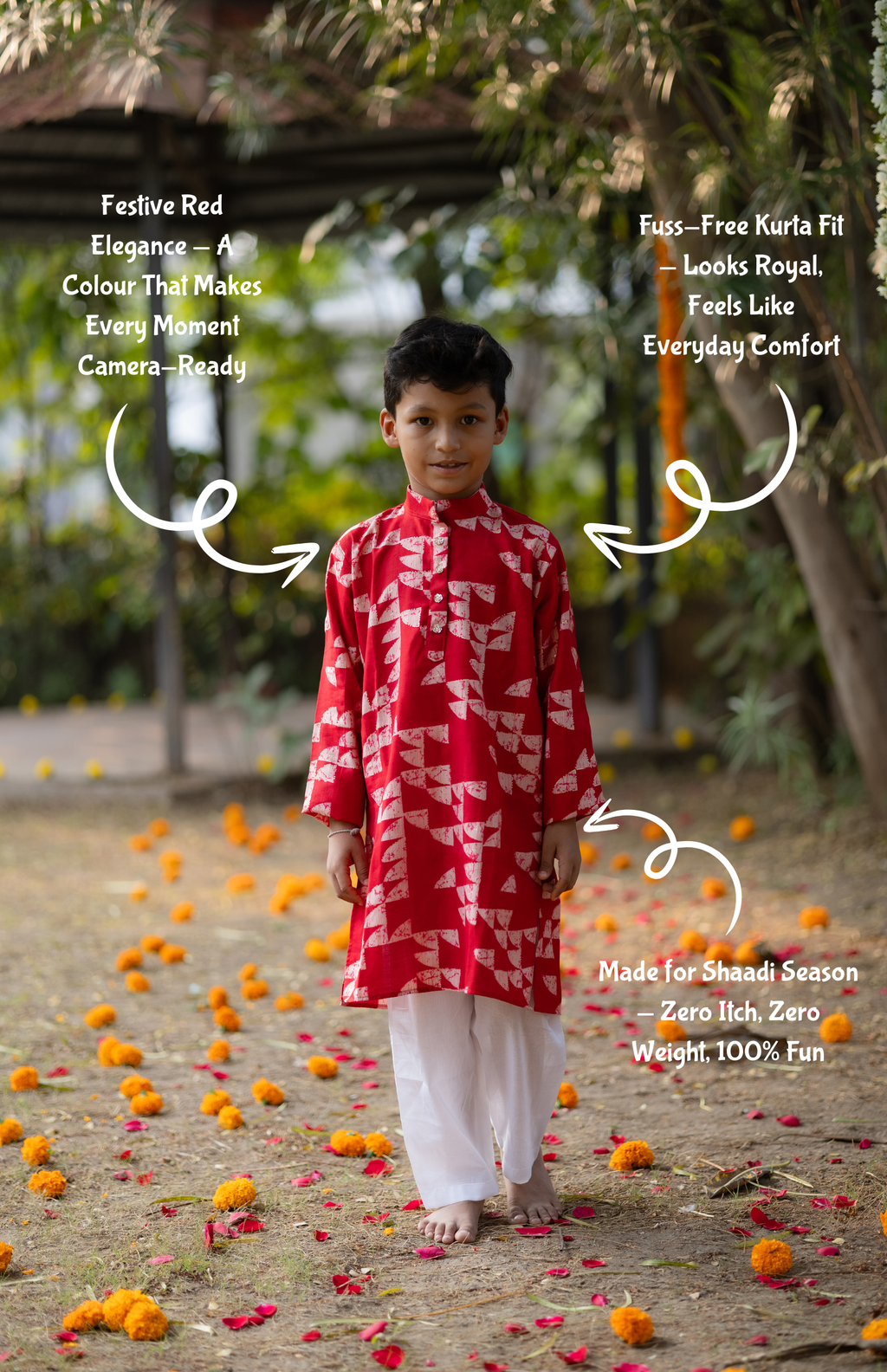 Red Printed Boys Kurta with White Pajama