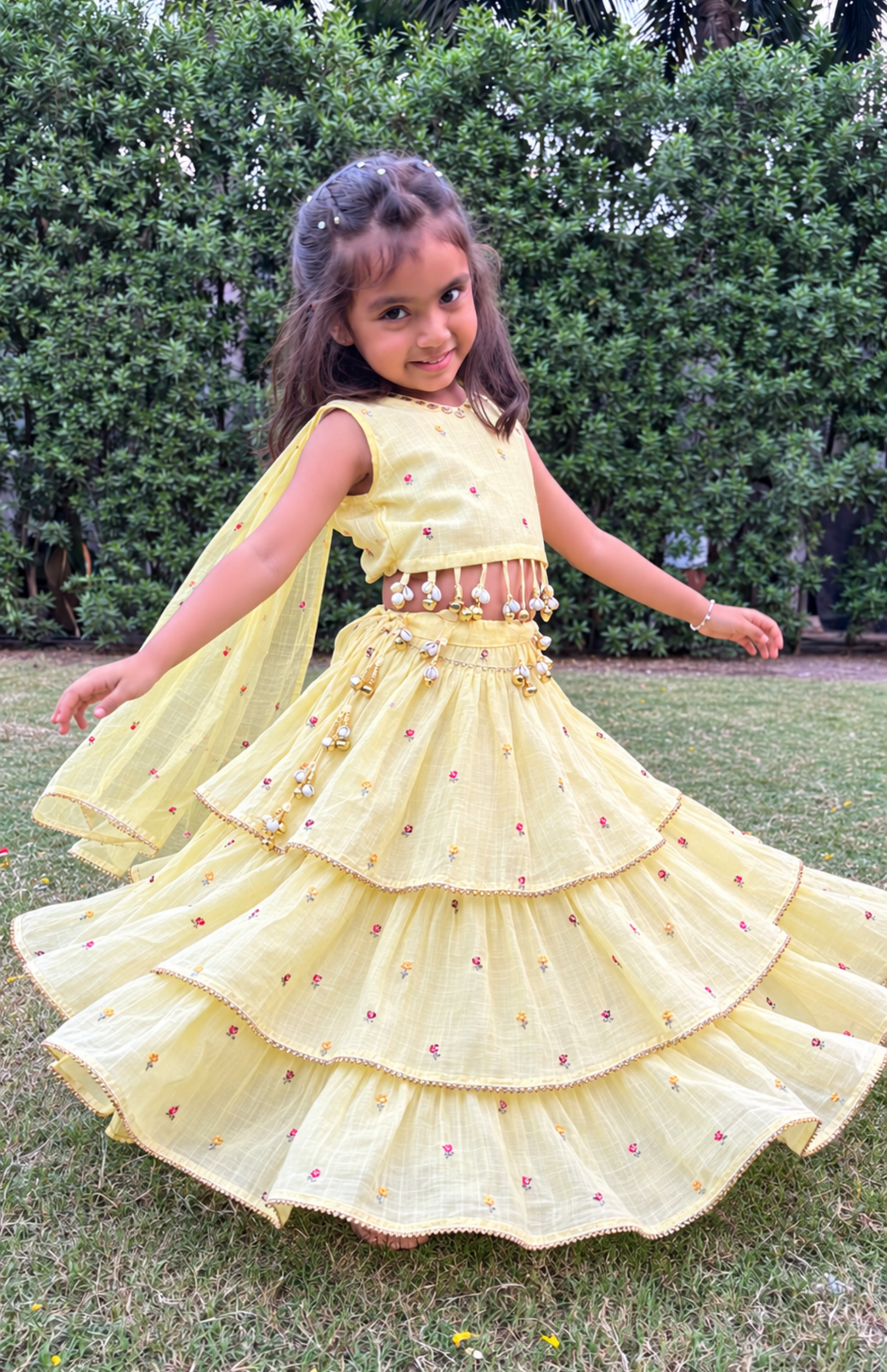 Sunshine Twirl Showstopper Yellow Embroidered Mul Chanderi Lehenga Set with Attached Dupatta