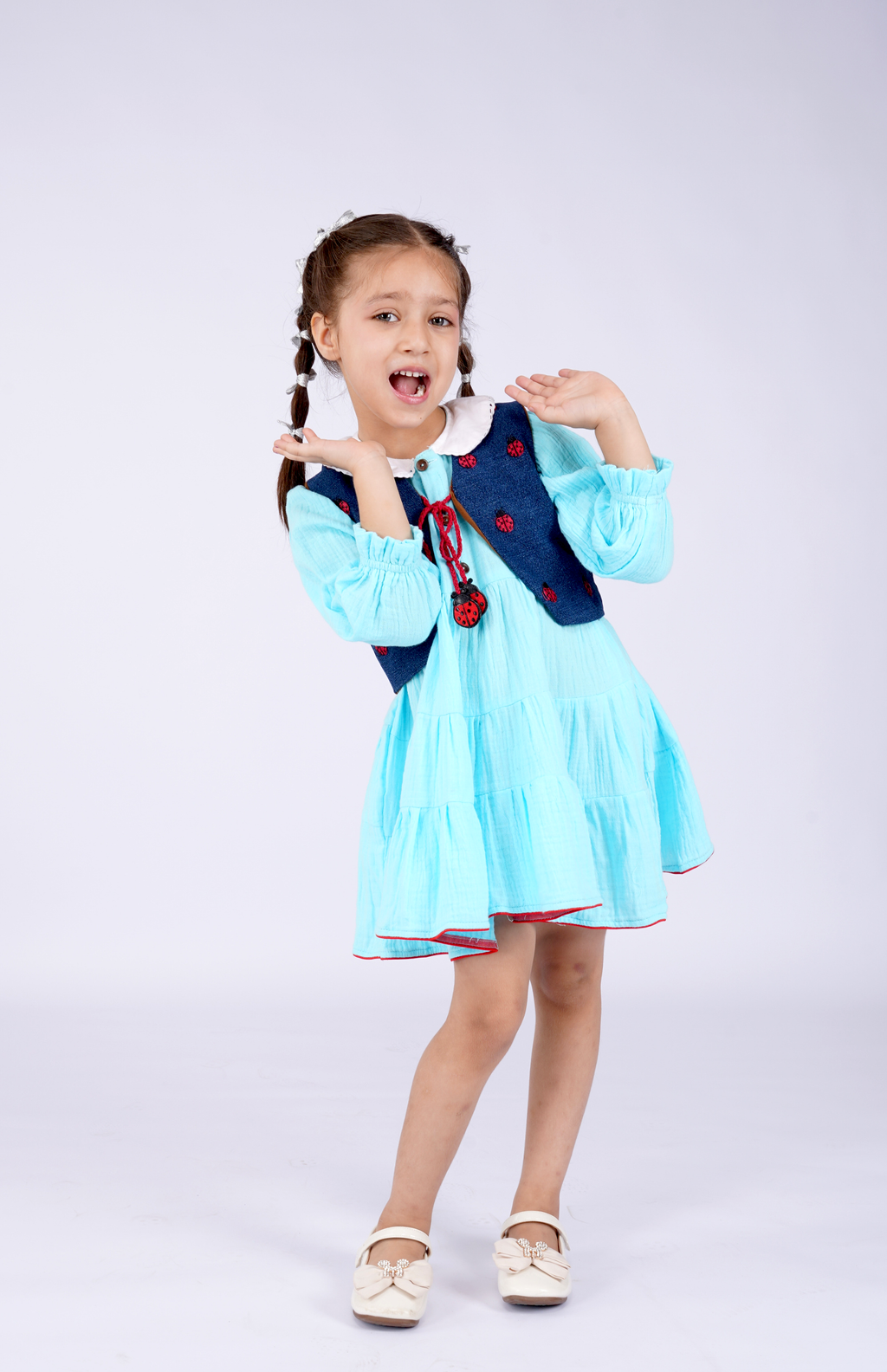 Aqua Tiered Dress with Ladybug Waistcoat