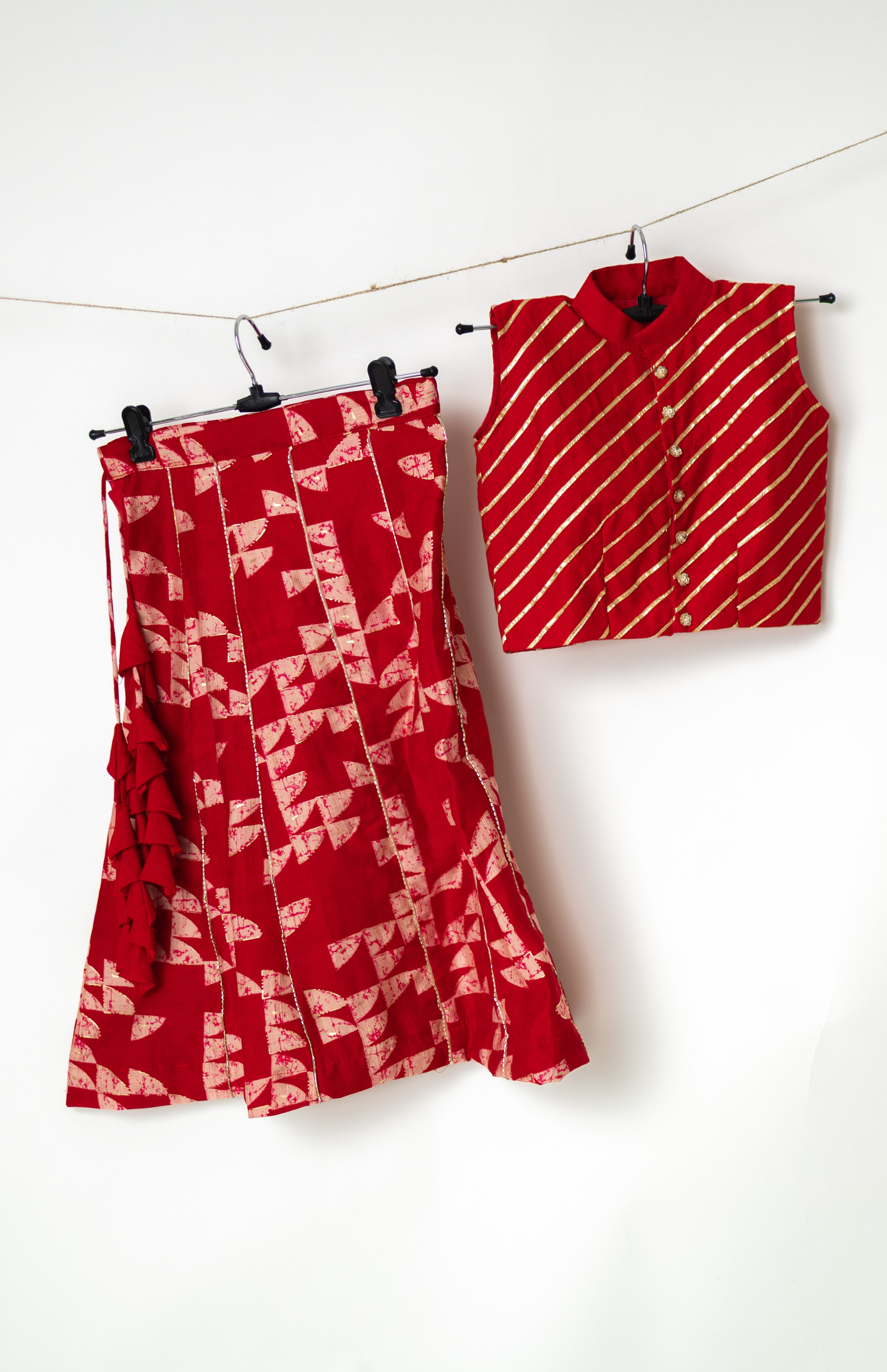 Red Heart-Back crop top & Printed Skirt Set