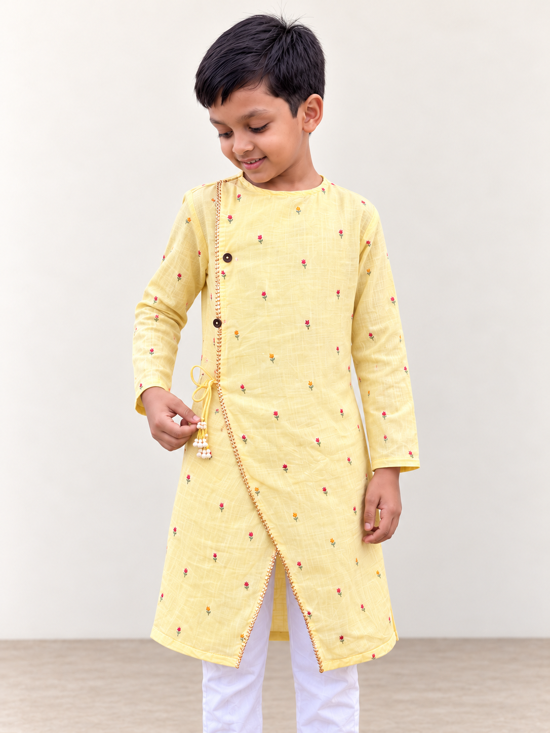 Sunshine Charm Yellow Embroidered Mul Chanderi Angrakha Kurta