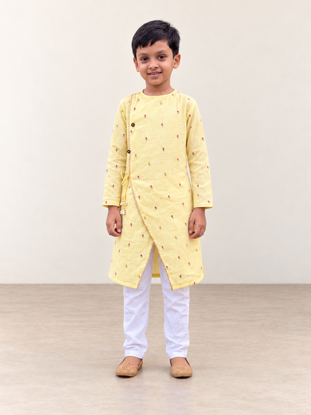 Sunshine Charm Yellow Embroidered Mul Chanderi Angrakha Kurta