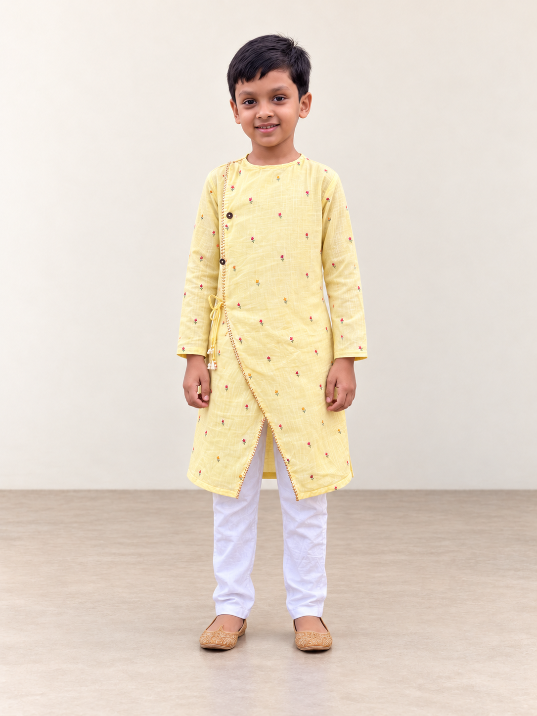 Sunshine Charm Yellow Embroidered Mul Chanderi Angrakha Kurta