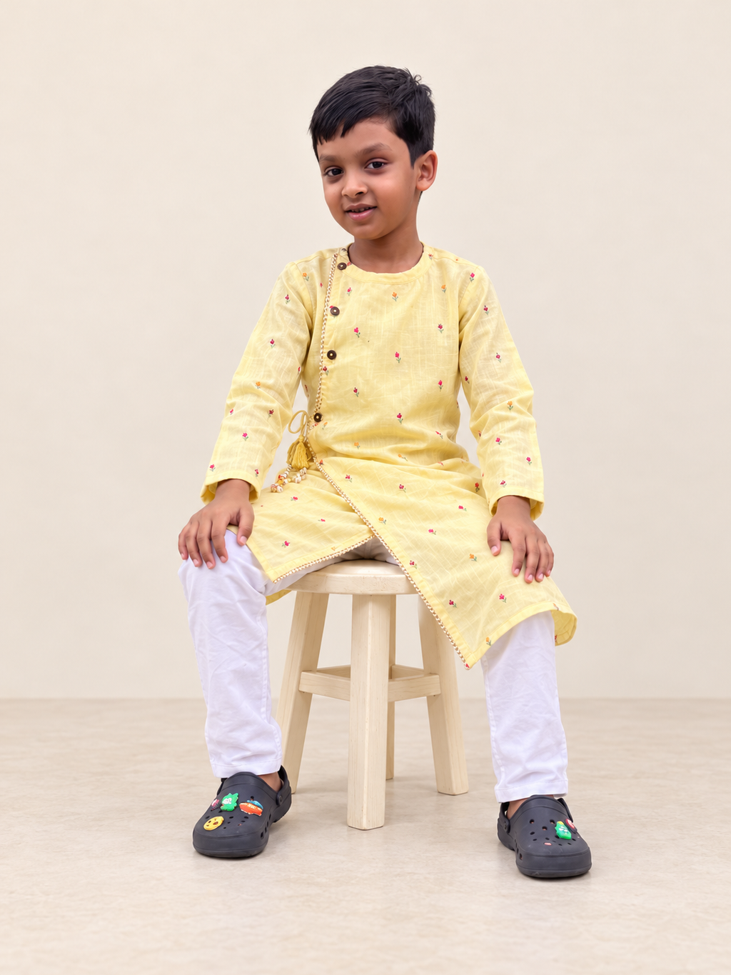 Sunshine Charm Yellow Embroidered Mul Chanderi Angrakha Kurta