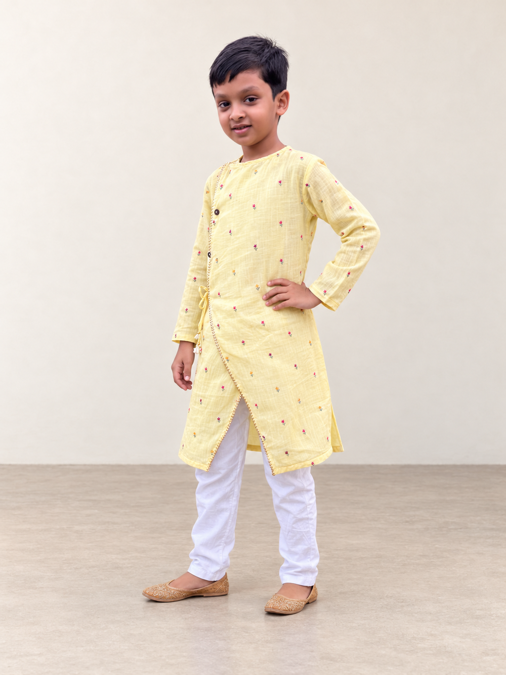 Sunshine Charm Yellow Embroidered Mul Chanderi Angrakha Kurta